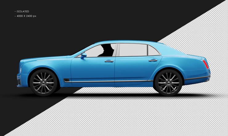 PSD isolated realistic metallic blue full size grand luxury sedan car from left side view