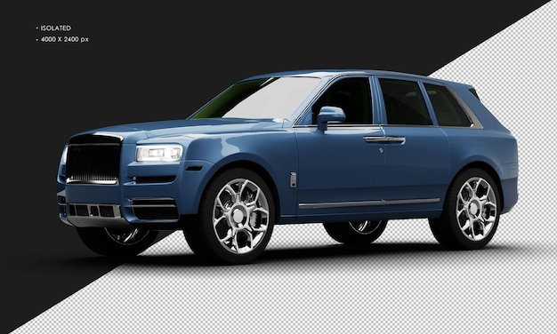 PSD isolated realistic metallic blue full size luxury elegant city suv car from left front view