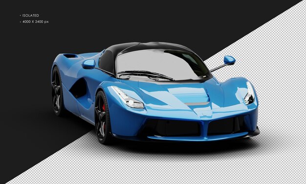 PSD isolated realistic metallic blue mid engine sports hybrid super car from right front angle view