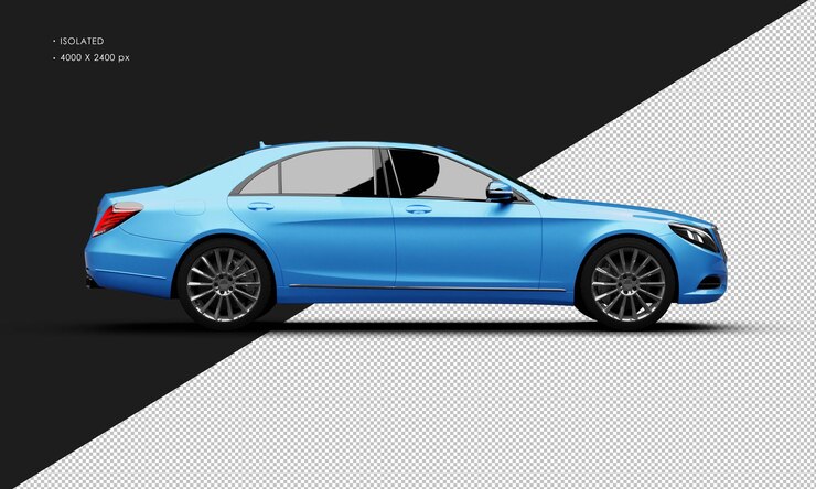 PSD isolated realistic metallic blue modern luxury city sedan car from right side view