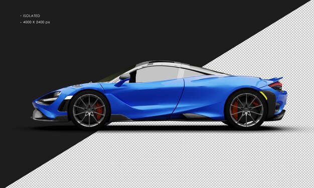 PSD isolated realistic metallic blue turbo engine longtail hyper sport car from left side view