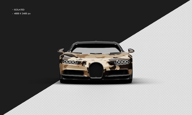 Isolated Realistic Metallic Desert Sand Camouflage City Sedan Super Car From Front