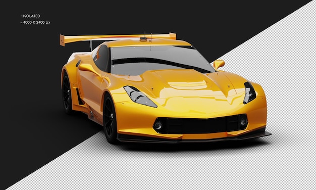 Isolated realistic metallic gold orange super sport racing car from right front angle view