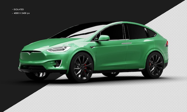 Auto elettrica di lusso sport utility vehicle isolata realistica metallica verde dalla vista anteriore a sinistra