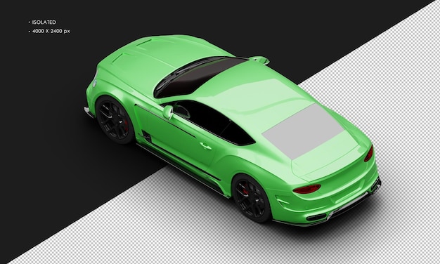 Изолированный реалистичный металлический зеленый роскошный автомобиль седан grand tourer сверху слева, вид сзади