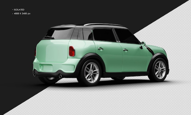 Изолированный реалистичный металлический зеленый роскошный небольшой современный городской автомобиль справа сзади