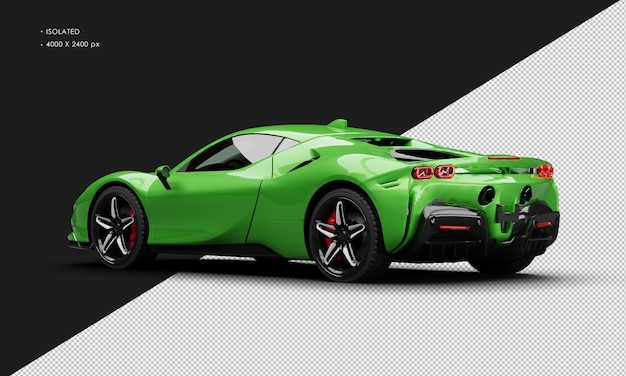 Isolated realistic metallic green mid engine hybrid sports super car from left rear view