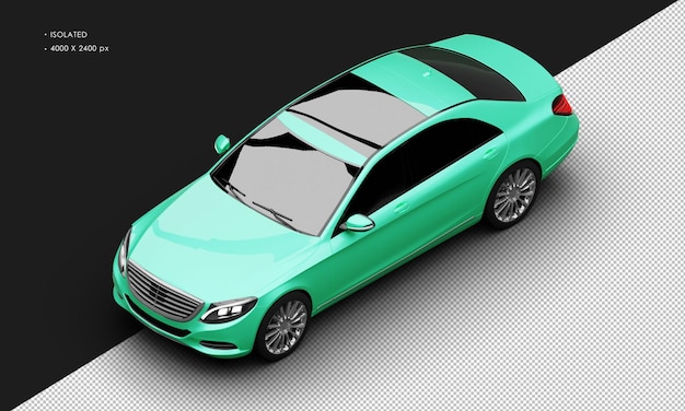 Isolated realistic metallic green modern luxury city sedan car from top left front view