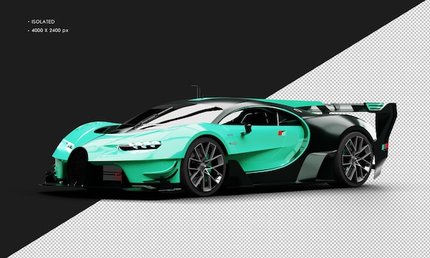 PSD Изолированный реалистичный зеленый металлик титановый гоночный седан спортивный суперкар слева спереди