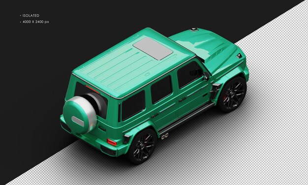 PSD isolated realistic metallic green turbo engine mid size luxury suv car from top right rear view