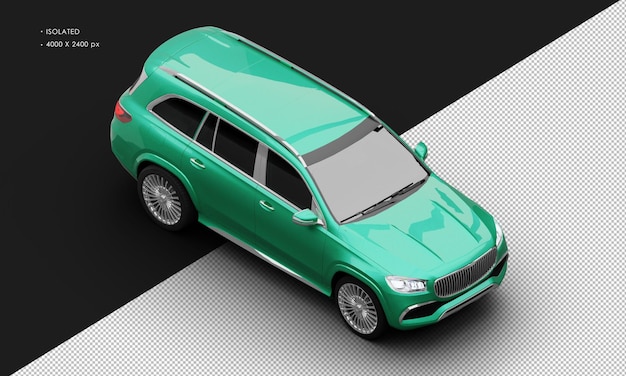 Isolated realistic metallic green turbo engine ultimate luxury suv car from top right front view