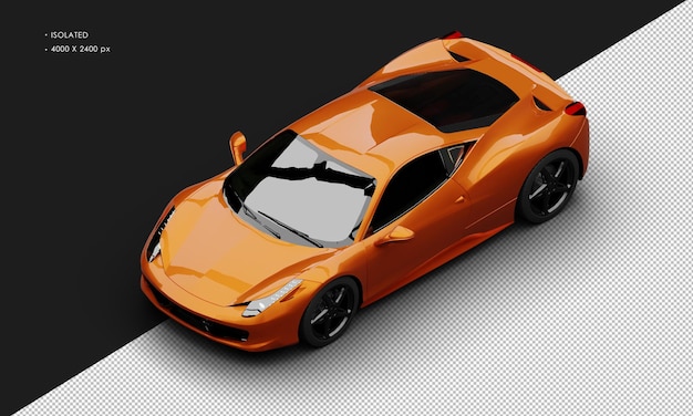 Isolated realistic metallic orange mid front engine coupe super car from top left front view
