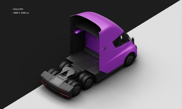 Isolated realistic metallic purple fully electric semi truck car from top right rear view