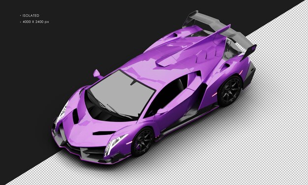 PSD isolated realistic metallic purple high performance roadster sports car from top left front view