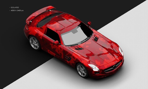 Isolated Realistic Metallic Red Camouflage Electric Modern Sport Super Car From Top Right Front