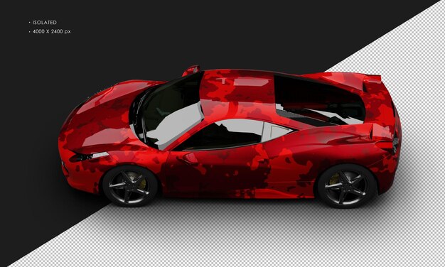 isolated realistic metallic red camouflage mid engine super sport car from top left view