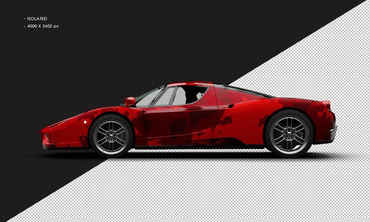 PSD isolated realistic metallic red camouflage modern super sport racing car left side