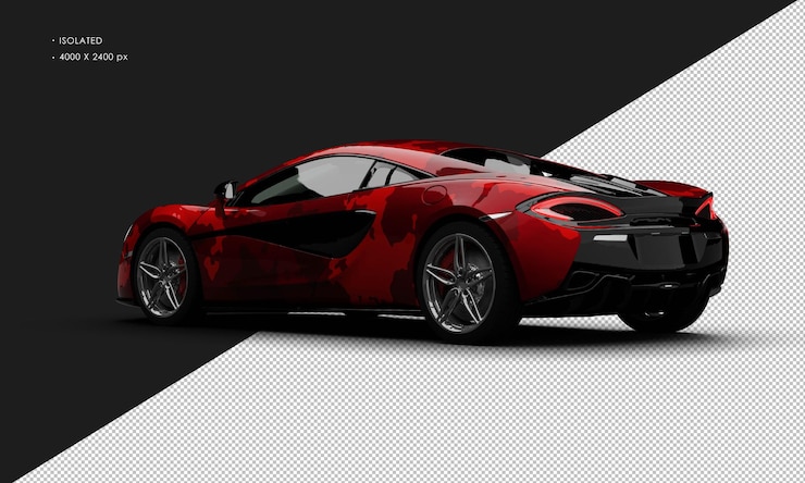 PSD изолированный реалистичный металлический красный камуфляж twin turbo hyper sport car слева сзади