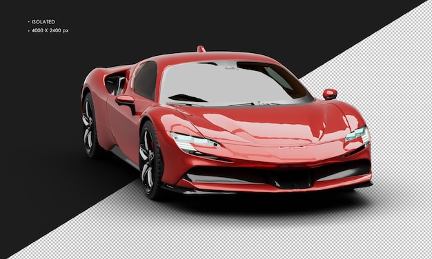 Изолированный реалистичный металлический красный гибридный спортивный суперкар с правого переднего угла