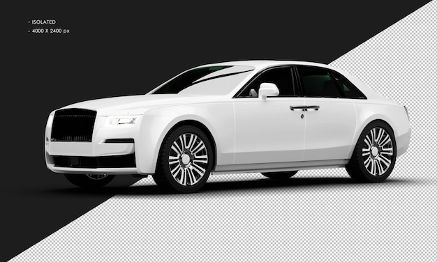 PSD isolated realistic metallic white exclusive luxury elegant city sedan car from left front view
