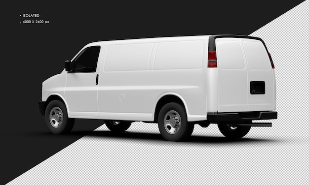 PSD isolated realistic metallic white full size cargo blind van car from left rear view