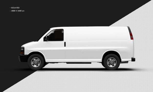 PSD isolated realistic metallic white full size cargo blind van car from left side view