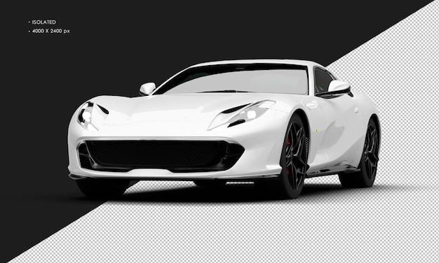 左前方の角度から現実的なメタリック ホワイト ミッド エンジン グランドツアラー スーパーカーを分離しました。