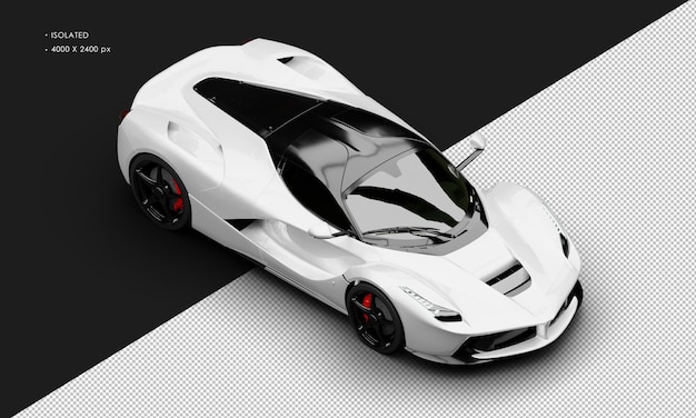 Isolated realistic metallic white mid engine sports hybrid super car from top right front view