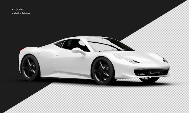 Isolated realistic metallic white mid front engine coupe super car from right front view