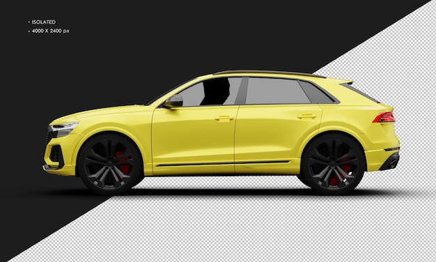 Isolated realistic metallic yellow luxury hybrid modern suv car from left side view