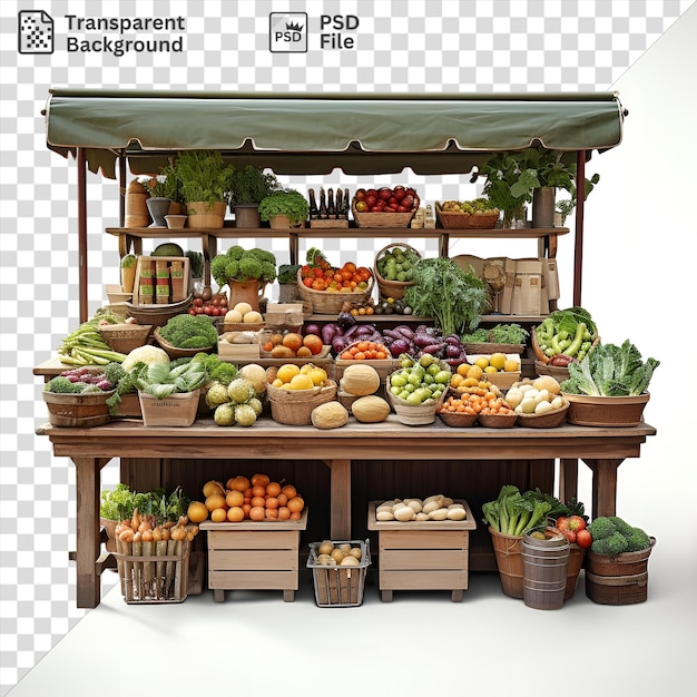 PSD isolated realistic photographic farmers market featuring a variety of fresh produce displayed on wooden shelves including green broccoli in wicker and brown baskets against a white wall backdrop