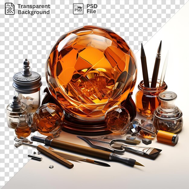 PSD isolated realistic photographic glassblowers tools including silver and metal scissors a glass bottle and a black pen on a transparent background