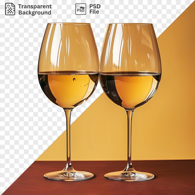 PSD isolated realistic photographic oenologists wine glasses on a wooden table against a yellow wall