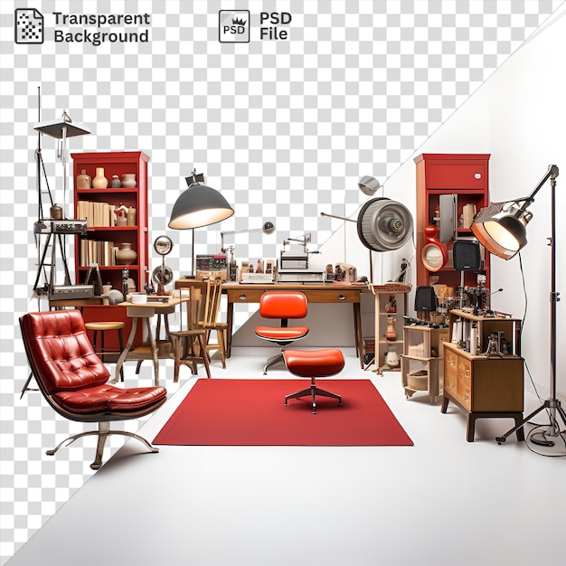 PSD isolated realistic photographic photographers photography studio featuring a red chair wood desk and red rug on a white floor with a black lamp and white wall in the background