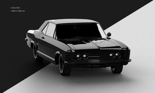 Isolated realistic shiny black classic elegant sedan car from right front angle view