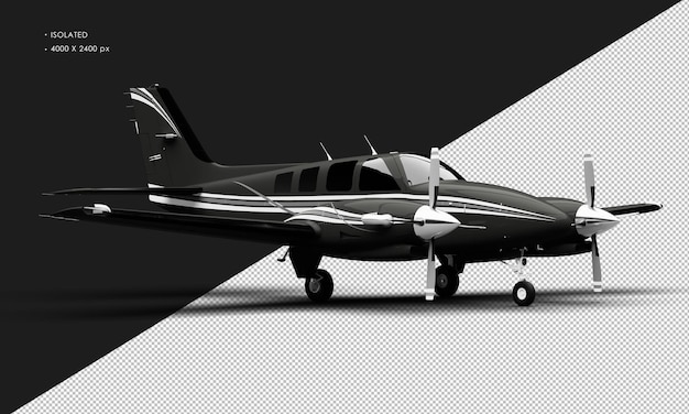 PSD isolated realistic shiny black twin propeller dual engine airplane from right front view