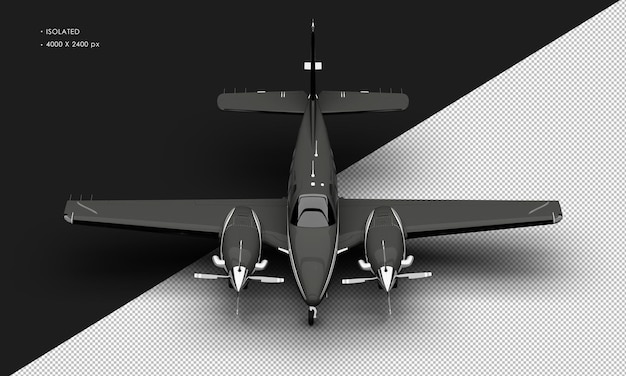 PSD isolated realistic shiny black twin propeller dual engine airplane from top front view