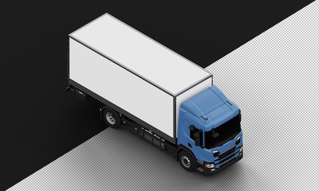 PSD isolato realistico blu lucido big box transit truck dalla vista frontale in alto a destra