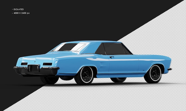 Isolated realistic shiny blue classic elegant sedan car from right rear view