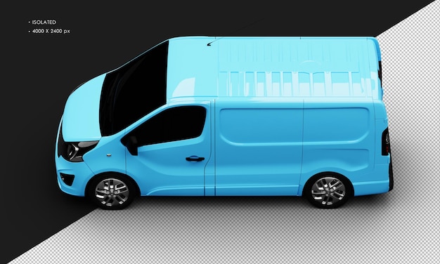 PSD isolated realistic shiny blue commercial transport blind van car from top left view