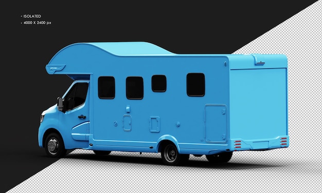 PSD isolated realistic shiny blue travel camper van car from left rear view
