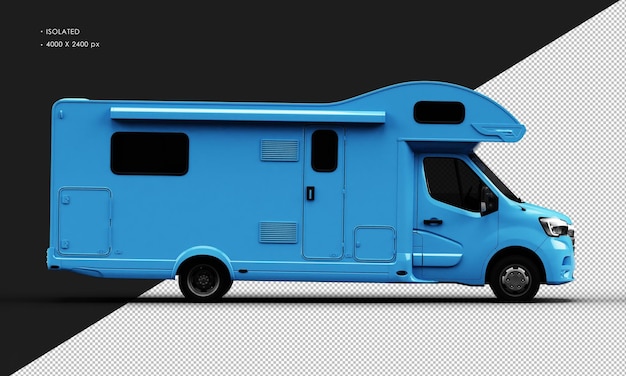 PSD isolated realistic shiny blue travel camper van car from right side view
