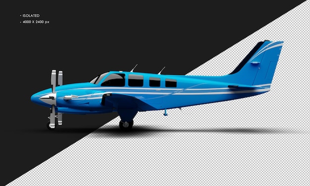 Isolated realistic shiny blue twin propeller dual engine airplane from left side view