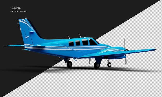 Isolated realistic shiny blue twin propeller dual engine airplane from right rear view