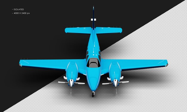 PSD isolated realistic shiny blue twin propeller dual engine airplane from top front view