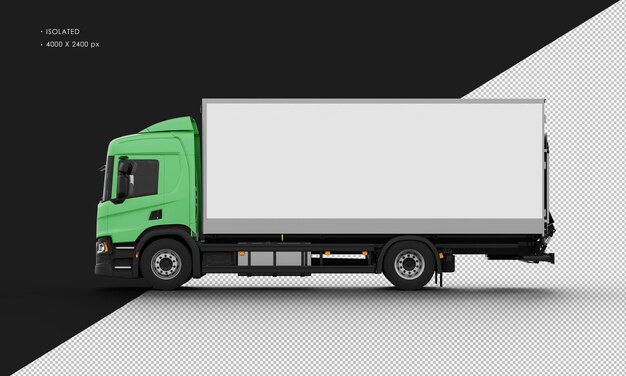 Isolated realistic shiny green big box transit truck from left side view