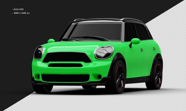 PSD isolated realistic shiny green mini city car from left front angle view