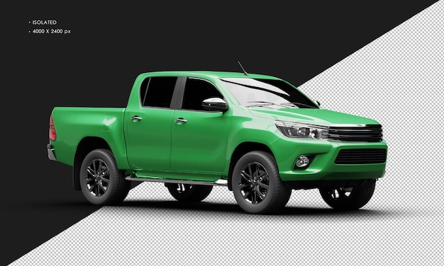 Isolated realistic shiny green modern double cabin pickup truck from right front view