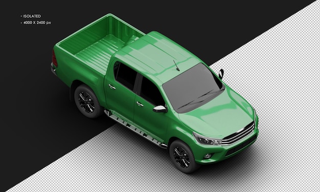 Isolated realistic shiny green modern double cabin pickup truck from top right front view