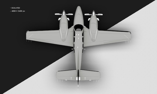 PSD isolated realistic shiny grey twin propeller dual engine airplane from top view